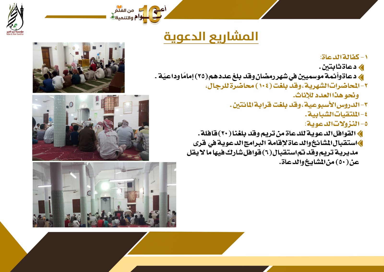 كفالة الدعاة و المحاضرات الشهرية و الدروس الأسبوعية و الملتقيات الشبابية و النزولات الدعوية